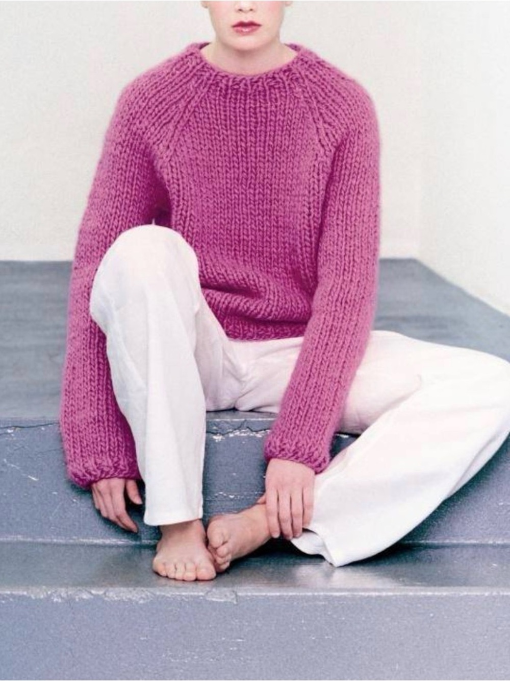 Vibrant dopamine Cozy Hand-Knit Chunky Raglan oversized Sweater Magenta Pink